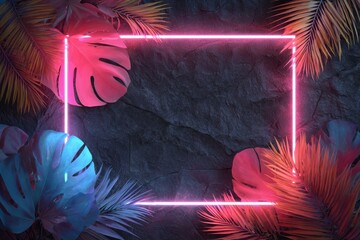 Vibrant photo of 3d render of a glowing neon rectangle frame with tropical leaves on a black background.