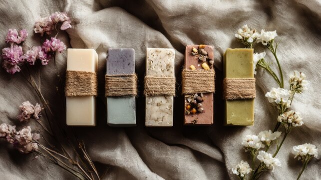 artisan soaps flowers linen background