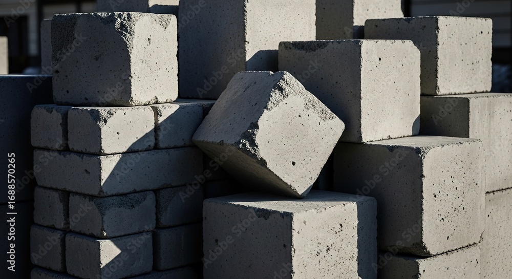 Poster stacked concrete blocks with rough edges and varying light expos