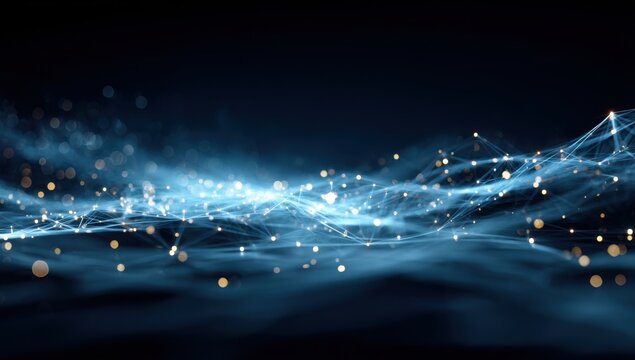 Abstract digital network, flowing blue and gold particles on dark background