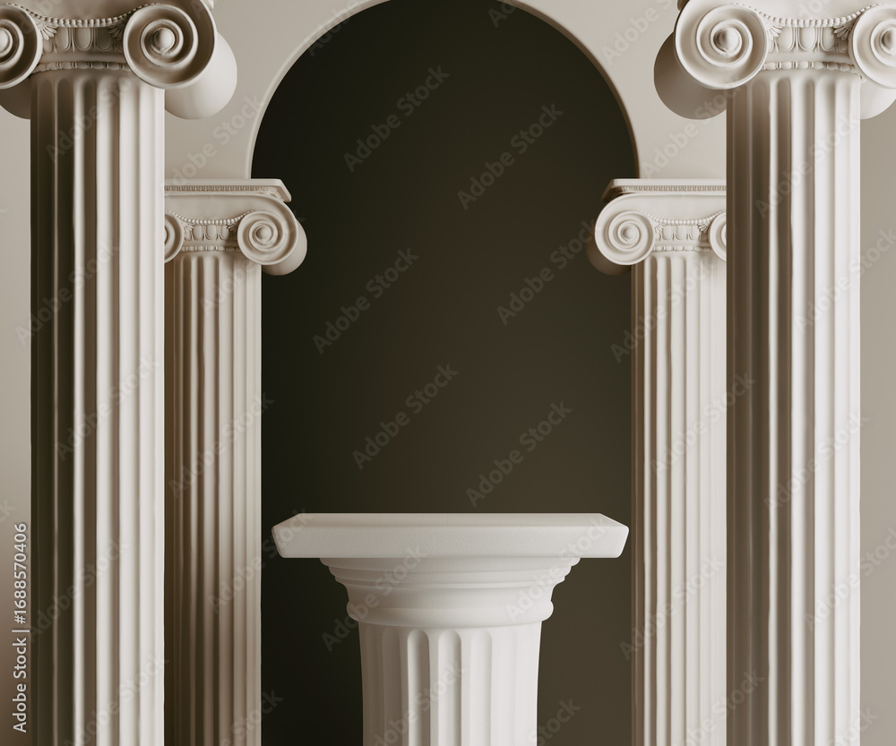 Poster classical architectural scene with an empty stone column podium set against a dark arch. elegant and