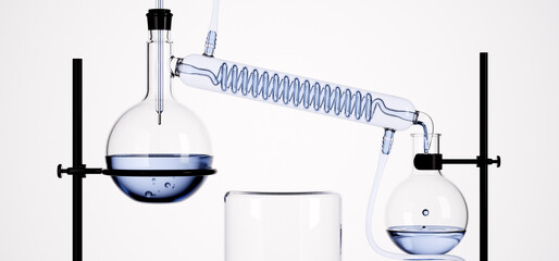 Scientific equipment for chemical synthesis or purification. 3D rendering distillation unit for  chemistry, biotechnology, and pharmacology concepts.