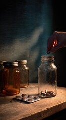 Hand dropping pills into glass jar on wooden surface, other jars behind. Moody lighting, dark background. Silver blister pack visible