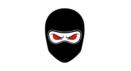 Stylized black ninja mask with angry red eyes illustration.