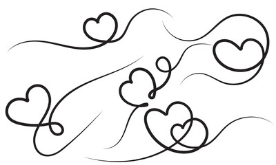 Black  heart line art romantic illustration . heart line drawings flowing across white background, symbolizing love, romance, affection, and decorative Valentine’s Day design. Heart line art border.