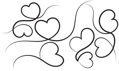 Black  heart line art romantic illustration . heart line drawings flowing across white background, symbolizing love, romance, affection, and decorative Valentine’s Day design. Heart line art border.