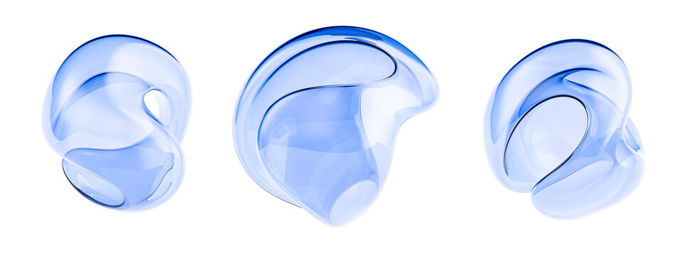 Elegant, transparent blue gradient glass objects isolated. Smooth, curved shapes 3d illustratioin. Cosmetic, science or technology abstract concept