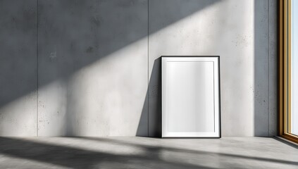 Vibrant photo of 3d rendering of a blank white frame mockup hanging on the wall. the empty picture with black edges is located in the front view, and it takes up one-third of.