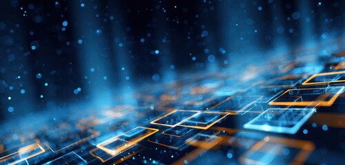 Abstract digital network.  Blue and orange glowing squares and particles on dark background