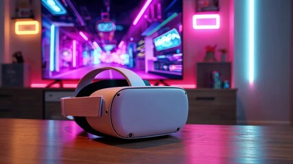 Vr headset, retro console and controller on a table in a room, Retro futuristic living room with vr headset and neon lights, 4k video - Powered by Adobe