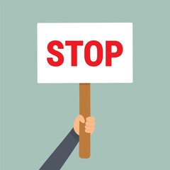 Cartoon hand holding STOP placard. Vector illustration, EPS10