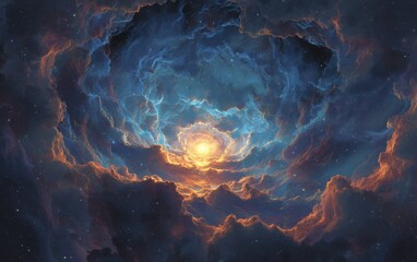 Celestial clouds swirl around a luminous center,  starlight sprinkles the depths