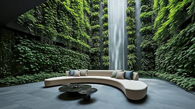 Indoor Oasis Featuring a curved cream sofa and coffee table in a lush green atrium with a cascading waterfall; a tranquil, calming flat lay photograph showcasing a