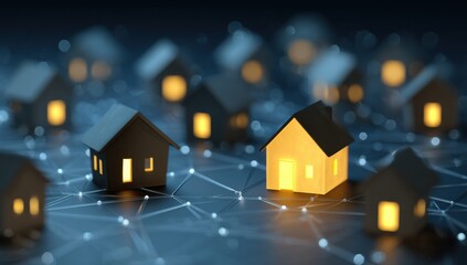 Miniature houses, lit from within, interconnected by a network of lines