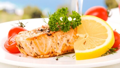 Grilled salmon garnished with lemon and herbs outdoors