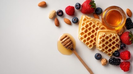 Waffles, berries, almonds, and honey jar sit on a white background with a honey dipper, creating a bright and inviting image