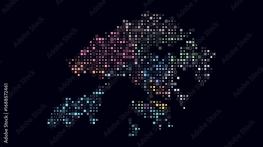 Poster hong kong map animation. shape of the country with pulsating colored dots. small size square blocks.