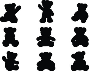 Teddy bear silhouette collection, cute toy bear poses, children’s toy vector set, cartoon bear icons, CAD drawing flat vector illustration