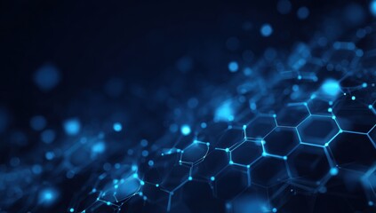 Abstract digital hexagons in deep blue with glowing, interconnected lines.  A dynamic, flowing pattern of  light-blue lines and points against a dark backdrop