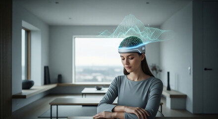 A woman uses a neurotech headband to meditate and visualize her mental wellness. Serene future of self-care and mental health tech.
