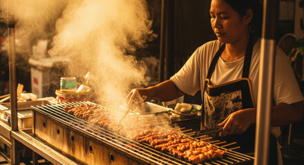 Smoky Feast: A culinary artisan diligently grills savory skewers over open flames, her deft hands expertly orchestrating a symphony of flavors.