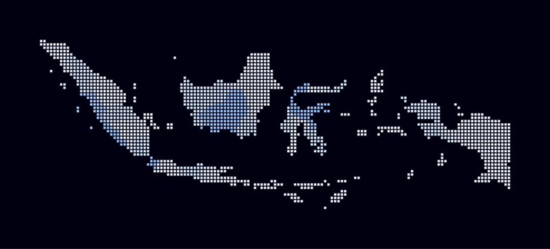 Indonesia dotted map. Digital style map of the country on dark background. Indonesia shape with square dots. Colored dots style. Small size squares. Amazing vector illustration.