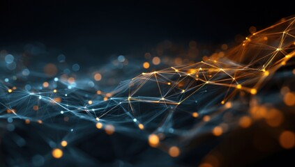 Abstract network of glowing points and lines.  Dynamic interconnected nodes in blue and orange