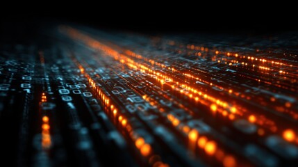 Fototapeta premium Streams of glowing orange and blue light flow through a dark space, resembling a digital environment. The vibrant colors contrast against the backdrop, enhancing the futuristic atmosphere.
