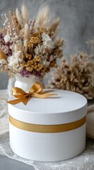 A white, round box tied with a gold ribbon sits atop lace fabric, with a vase of dried flowers in the background