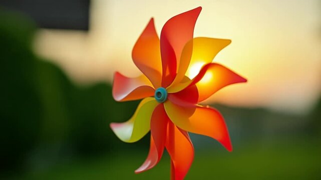 Plastic rainbow windmill rotates against the setting sun. Children's toy in the green garden