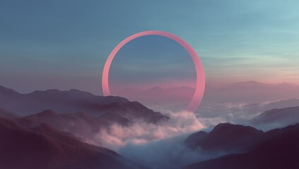Surreal pink and blue circular portal glowing in the sky above mountains, giant white circle with god rays, cinematic symmetrical matte painting style, foggy sunset landscape with dreamy atmosphere