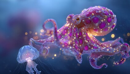A vibrant pink octopus, adorned with golden speckles, swims amongst glowing particles and a translucent jellyfish in a deep-sea scene