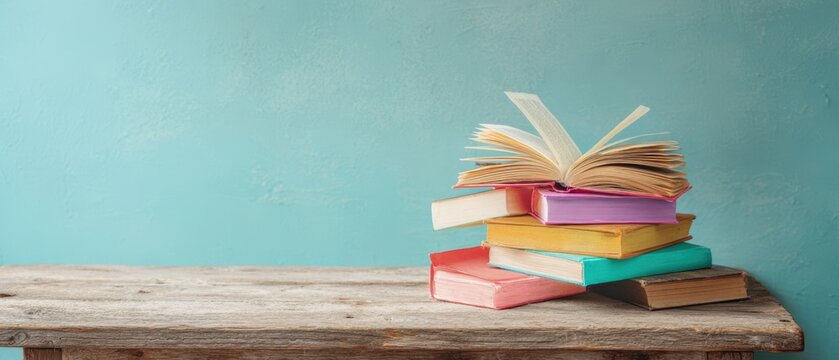 The colorful stack of open books on a rustic wooden table. - Powered by Adobe