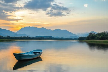 Boat on mirror like lake surface at dusk