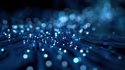 Abstract circuit board with glowing points.  Complex network of blue circuit lines and bright, out-of-focus light points.  Dark background