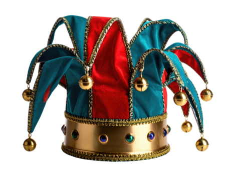 Jester hat with bells colorful carnival costume accessory festive clown cap party celebration design isolated on white background
