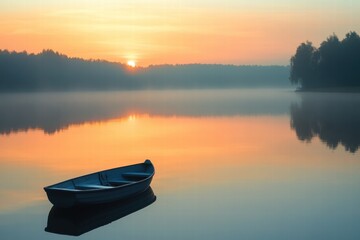Boat on reflective orange sunset lake