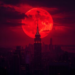 Blood Moon Rises Behind City Skyline, Art Illustration