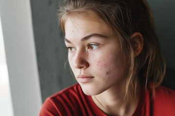 Teenager with acne looking out window with worried expression