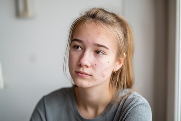Teenager with acne on face sitting indoors with thoughtful expression