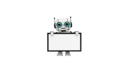 Cute robot holding blank white sign board ready for your text or message perfect for ads