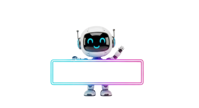 Friendly robot waving with vibrant neon sign perfect for tech announcements and social media