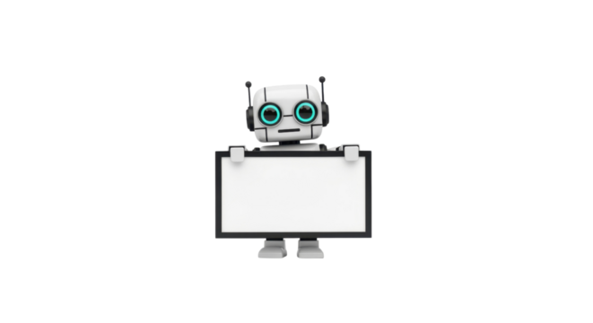 Cute robot holding blank sign board ready for your message, perfect for tech and automation projects