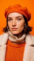 Elegant Woman in Orange Outfit With Freckles Against Orange Background