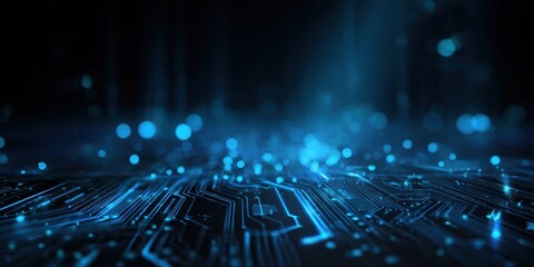 Fototapeta premium Futuristic circuit board with glowing blue lines and particles