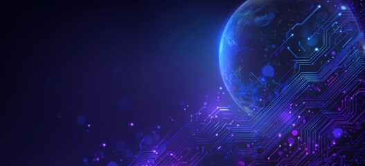 Digital Earth, circuit board-like patterns overlay a glowing blue-purple sphere resembling Earth
