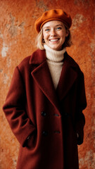 Stylish Woman Smiling While Wearing a Red Coat and Orange Beret