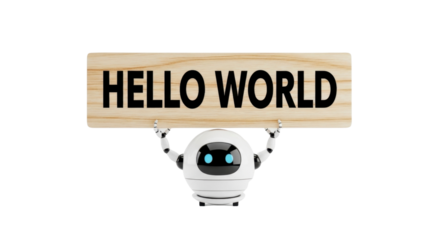 Friendly robot with Hello World sign welcomes users to the future of technology and innovation