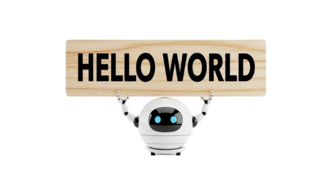 Friendly robot with Hello World sign welcomes users to the future of technology and innovation