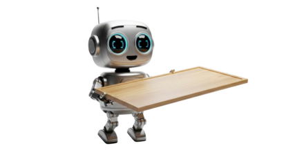 Friendly robot waiter holding an empty wooden tray ready to serve in a futuristic restaurant